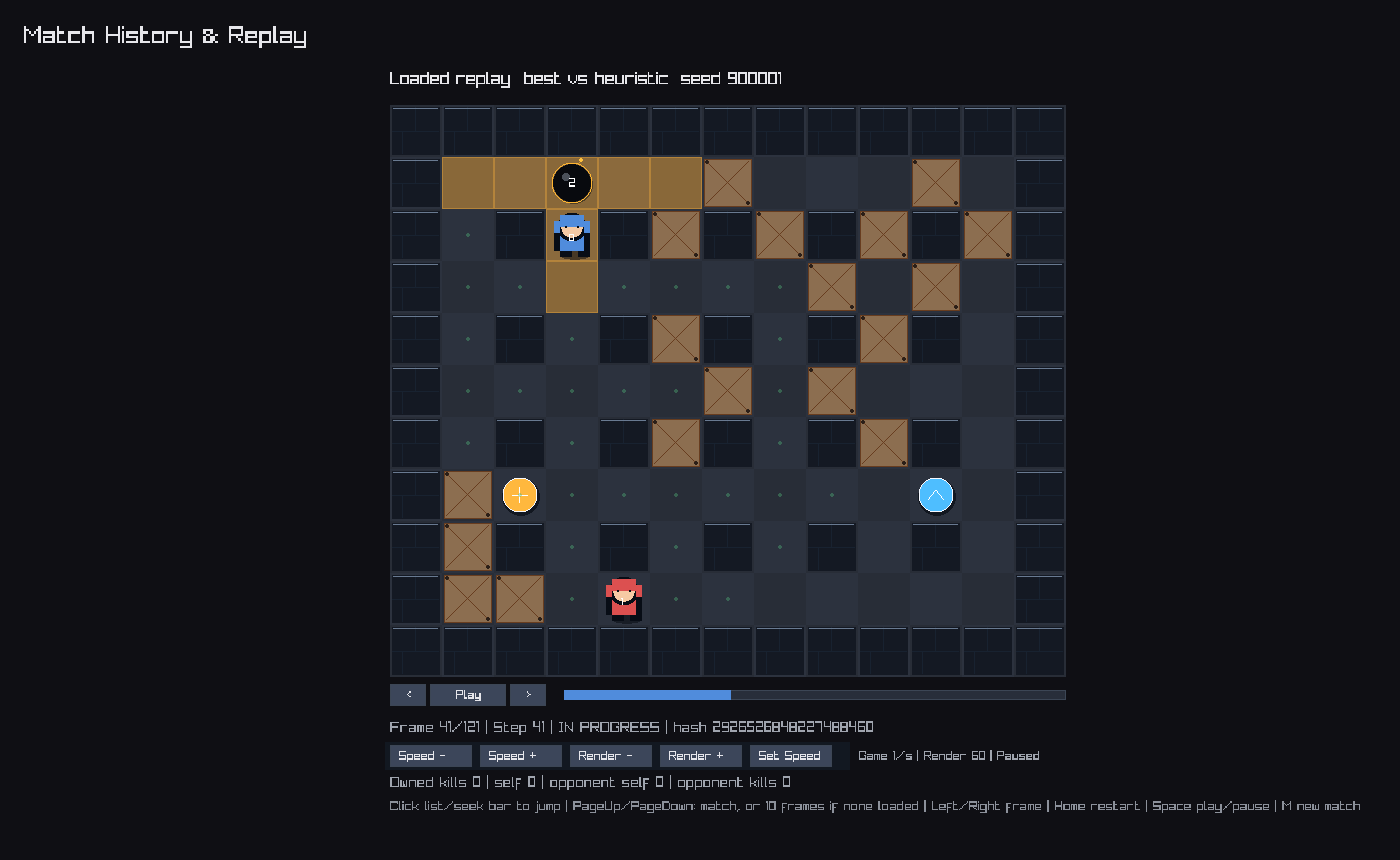 Native replay of the iteration-65 champion against the heuristic agent, paused at step 41 with a bomb and its blast path visible. The match later ends in an arena-crush win.