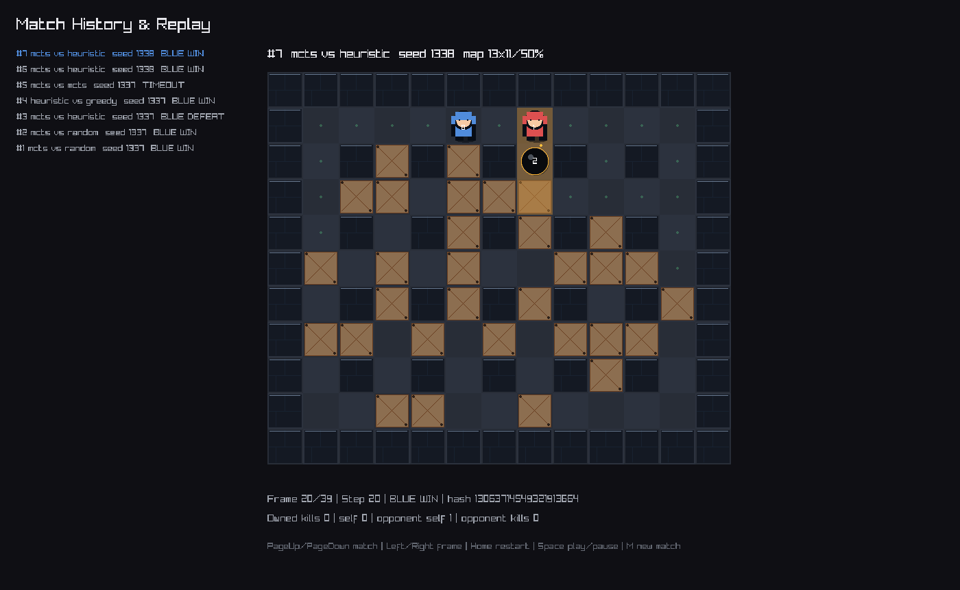Match History and Replay: frame stepping through a recorded MCTS vs heuristic match, with per-match outcomes and the state hash of the replayed frame