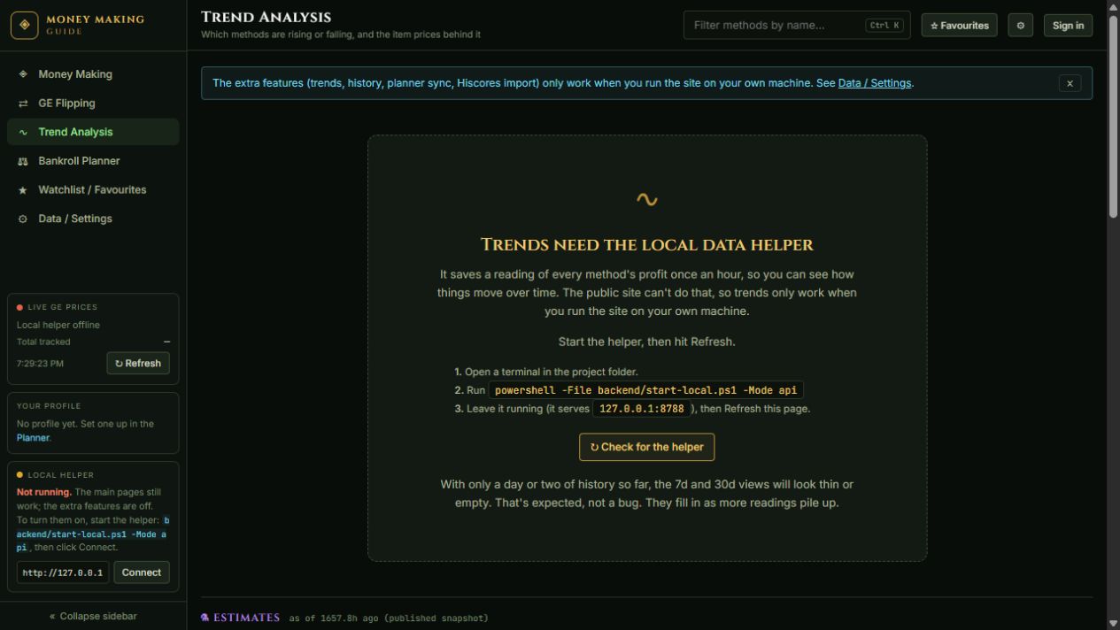 MMG Trends page on September 18, 2026, showing all five page links, the unavailable local-helper state, and the age of its published research snapshot.