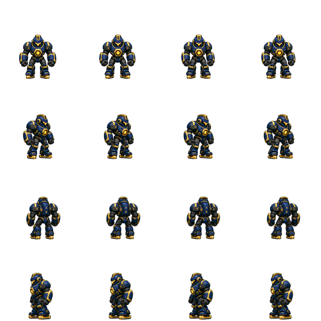 One of the 32 manifest-driven sprite sheets: Bastion's 4x4 idle cycle, cleaned by scripts/clean_sprites.py, rendered with a procedural fallback if a sheet is missing